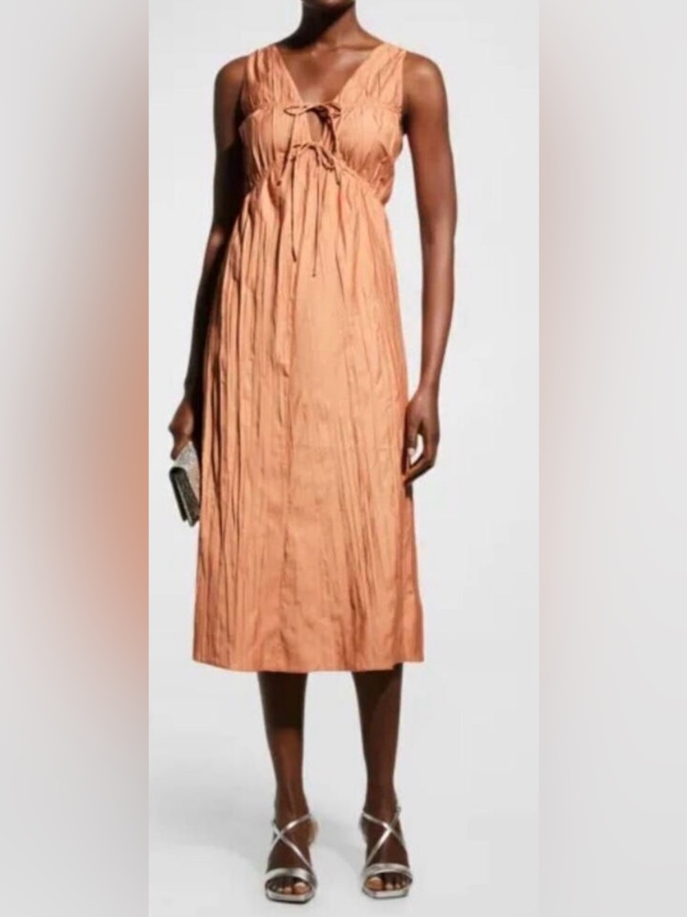 Frame Denim Sleeveless Copper-Tan Midi Dress with Tie Front